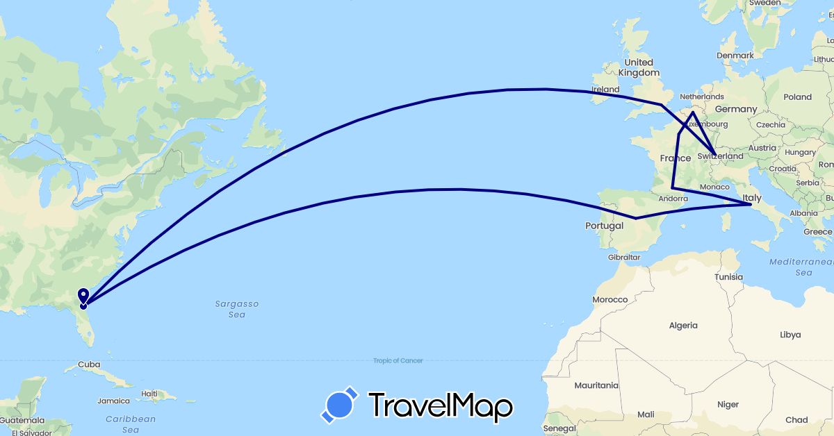 TravelMap itinerary: driving in Belgium, Switzerland, Spain, France, United Kingdom, Italy, United States (Europe, North America)